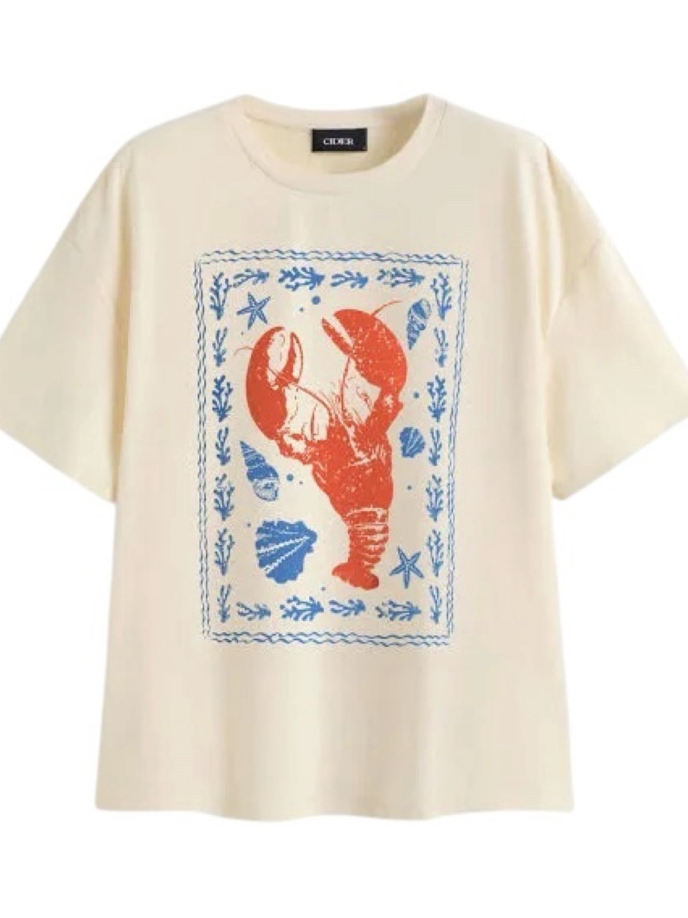 🦞Cider Women’s Oversized Cream Red Lobster Coastal Graphic Short Sleeve Tee XL